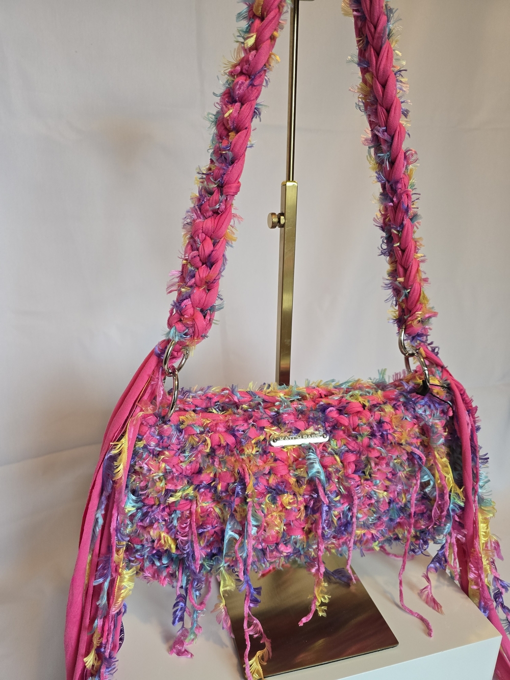 Hand Crafted Crochet Pink Multicolor Fringe Shoulder Bag - Picture 4 of 4